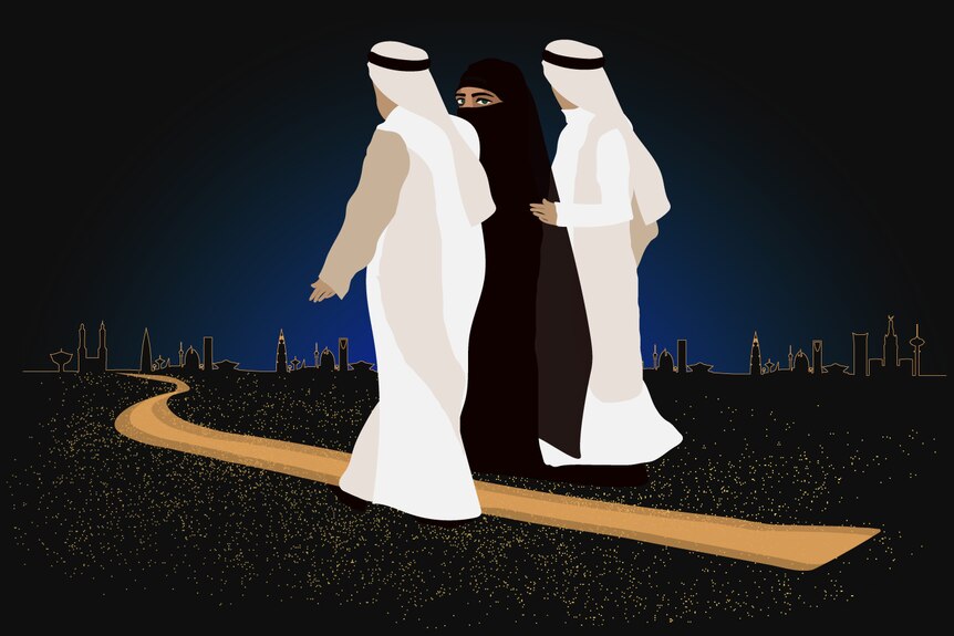 An illustration of a Saudi woman being led down a path by two men with the Riyadh skyline in the background.