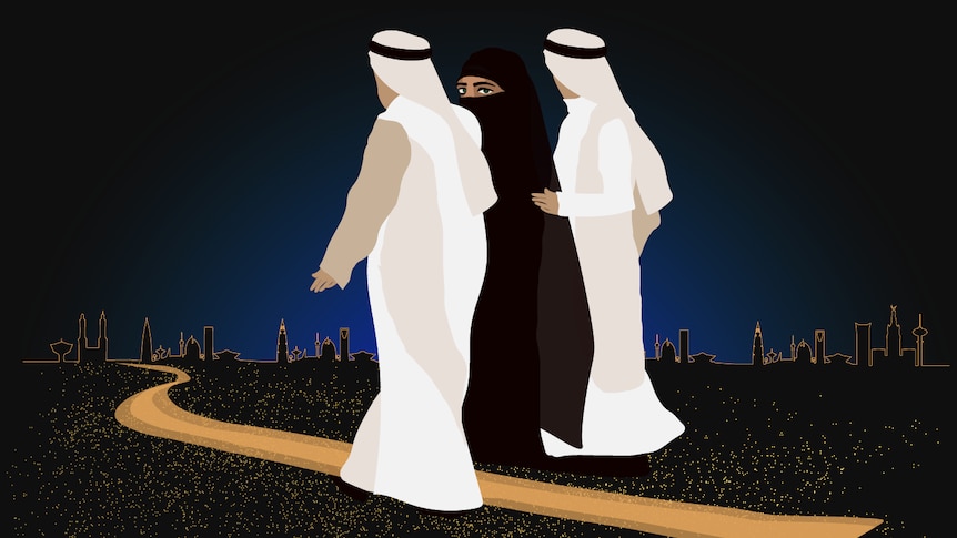 An illustration of a Saudi woman being led down a path by two men with the Riyadh skyline in the background.
