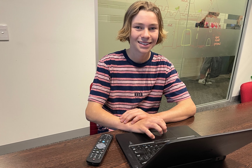 A teenager sitting in front of a computer.