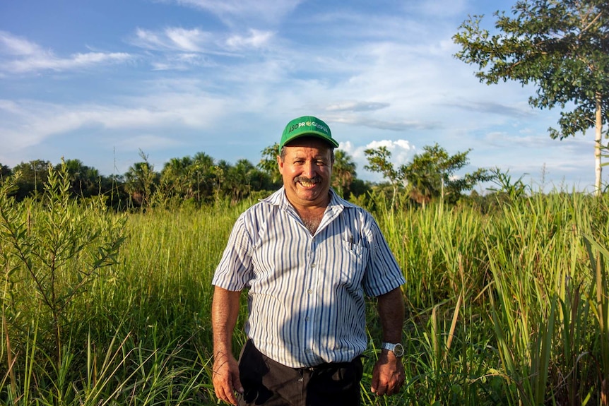 A man in a green cap and a striped shirt stands in a grassland.