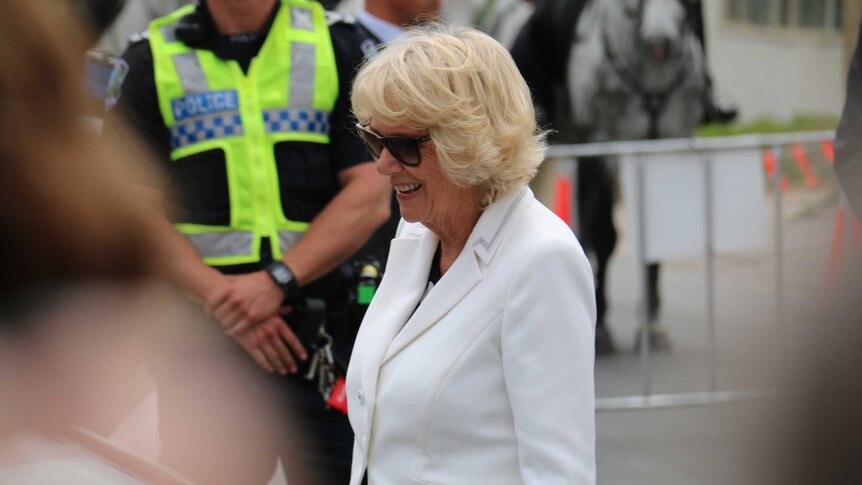 The Duchess of Cornwall smiles as she greets those in the crowd at Tanunda