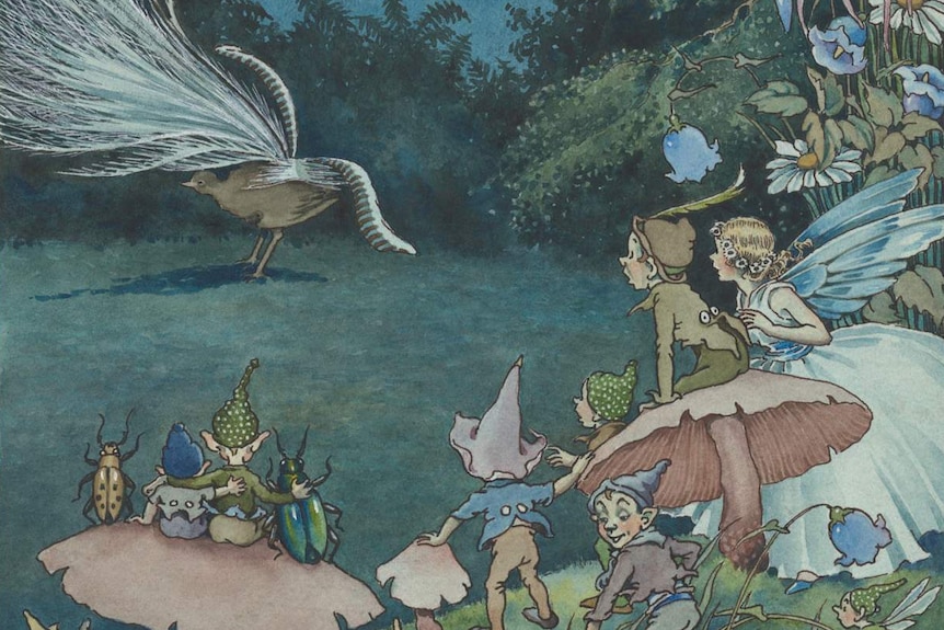 Illustration of elves and fairies with a lyrebird