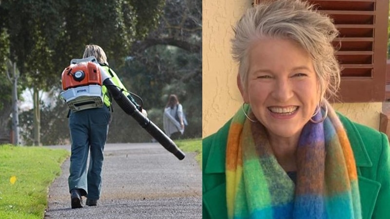 a woman with a leaf blower in a park and close up of woman with short grey hair smiling in green coat