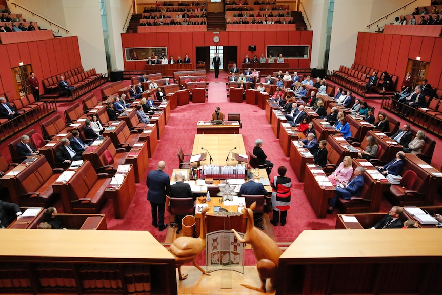 An overview of Parliament house showing both sides of the senate 