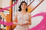 Newsreader and journalist Nas Campanella in a wedding dress on her wedding day.