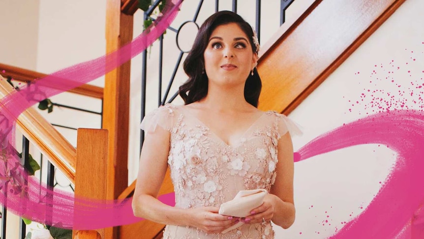 Newsreader and journalist Nas Campanella in a wedding dress on her wedding day.