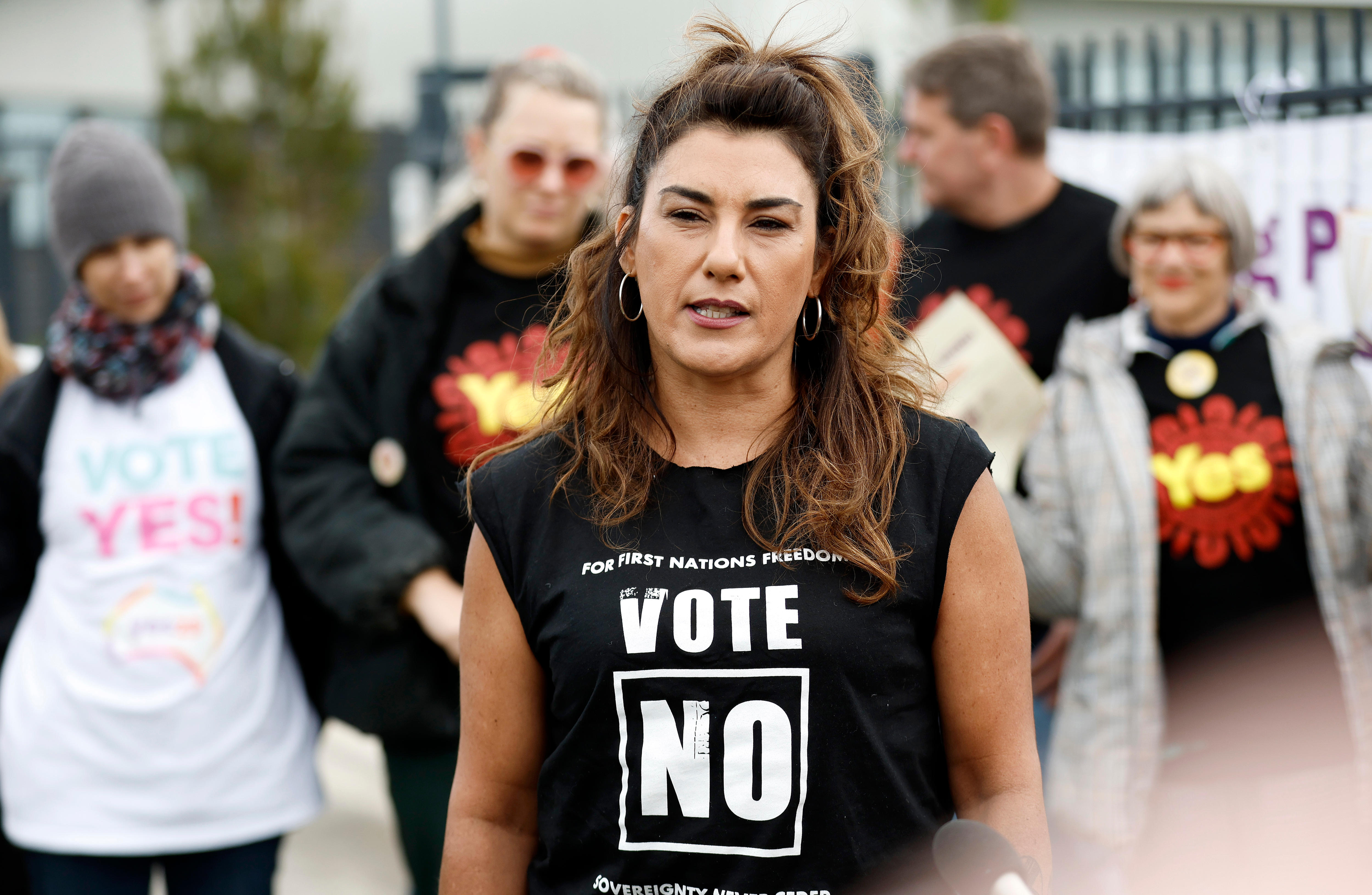 Senator Lidia Thrope wearing a black top that says Vote No