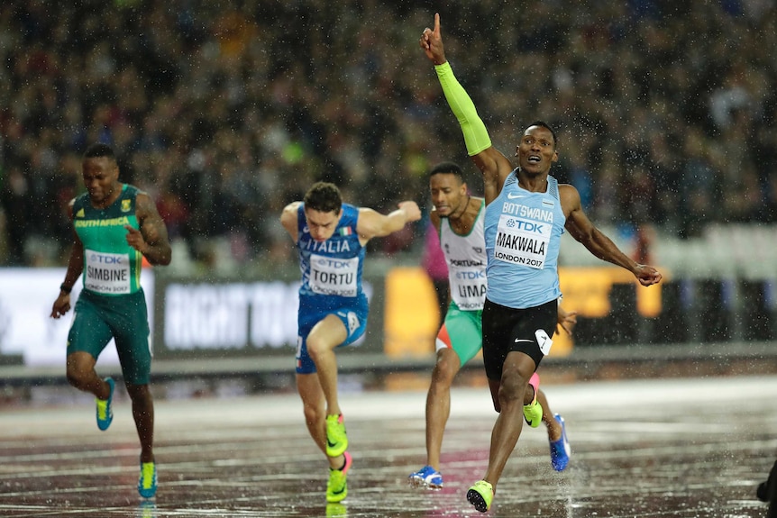 Botswana's Isaac Makwala reacts after finishing a Men's 200m semi-final at world athletics titles.