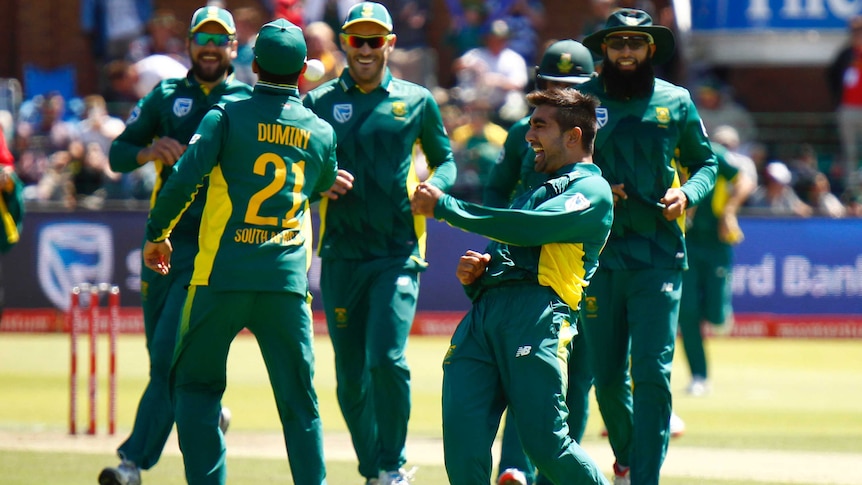 Tabraiz Shamsi celebrates a wickets against Australia