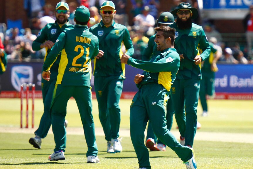 Tabraiz Shamsi celebrates a wickets against Australia