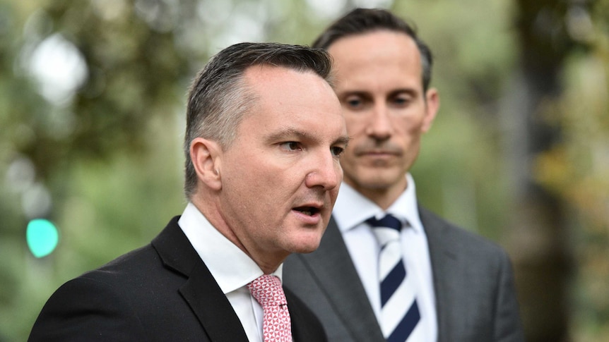 Andrew Leigh listens as Chris Bowen speaks to the media