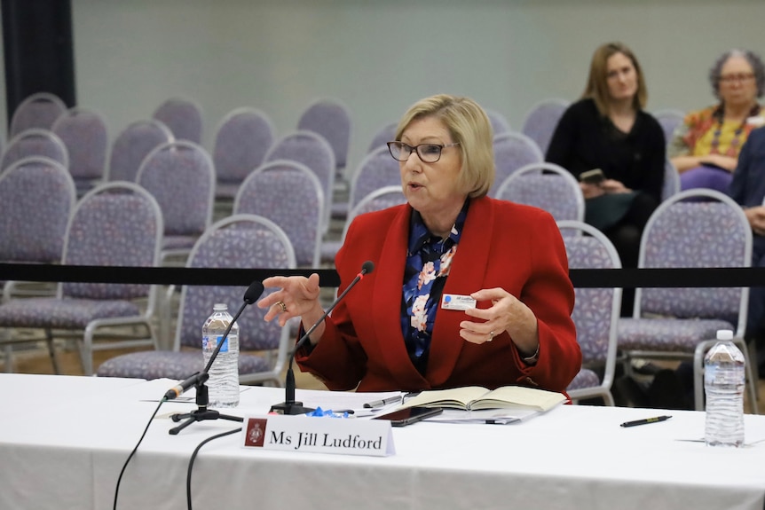 A woman in spectacles, wearing a bright blazer, gives evidence at an inquiry of some kind.