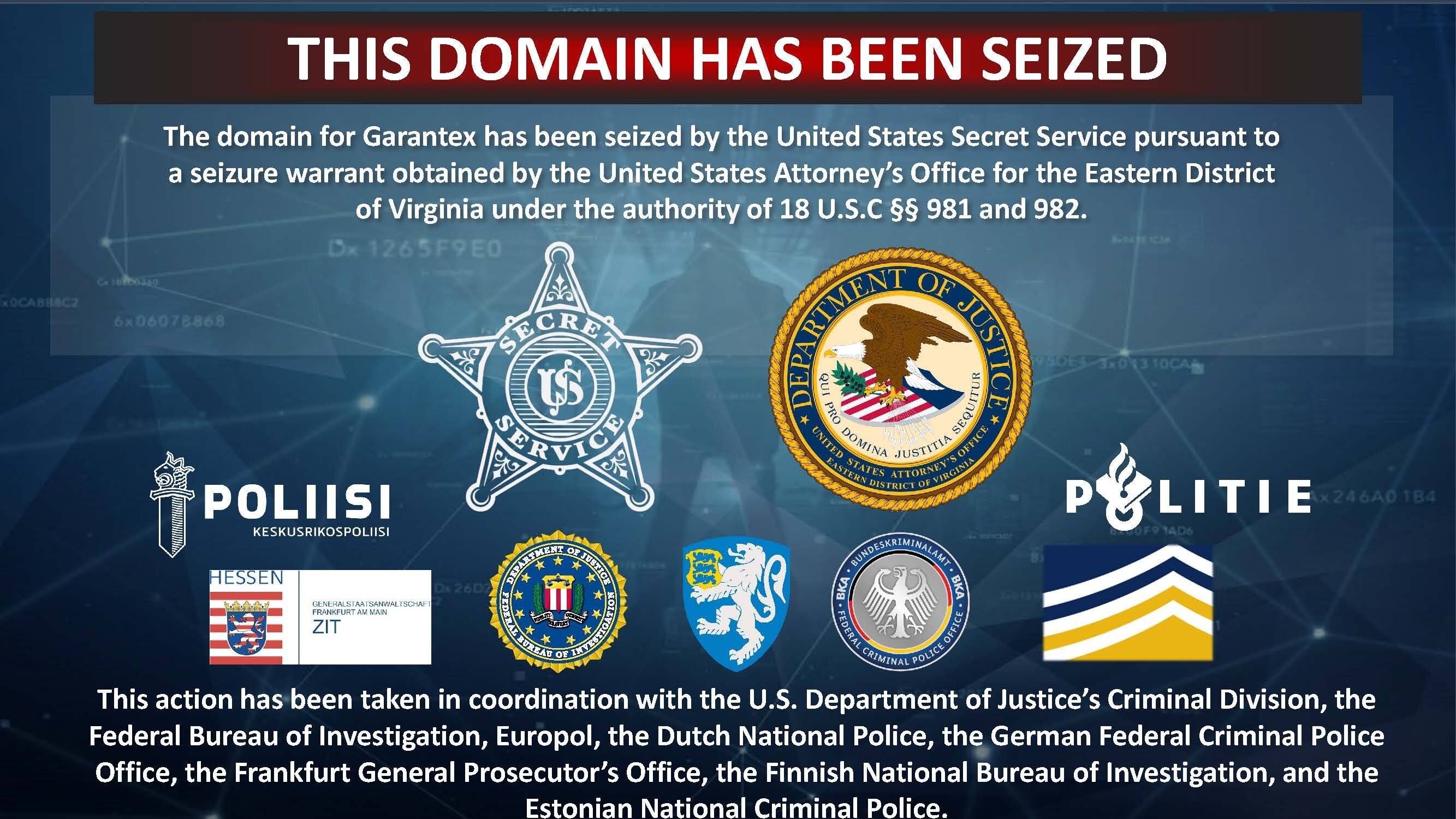 A blue website with a red 'Domain has been seized' warning bar at the tp and US and international law enforcement logos