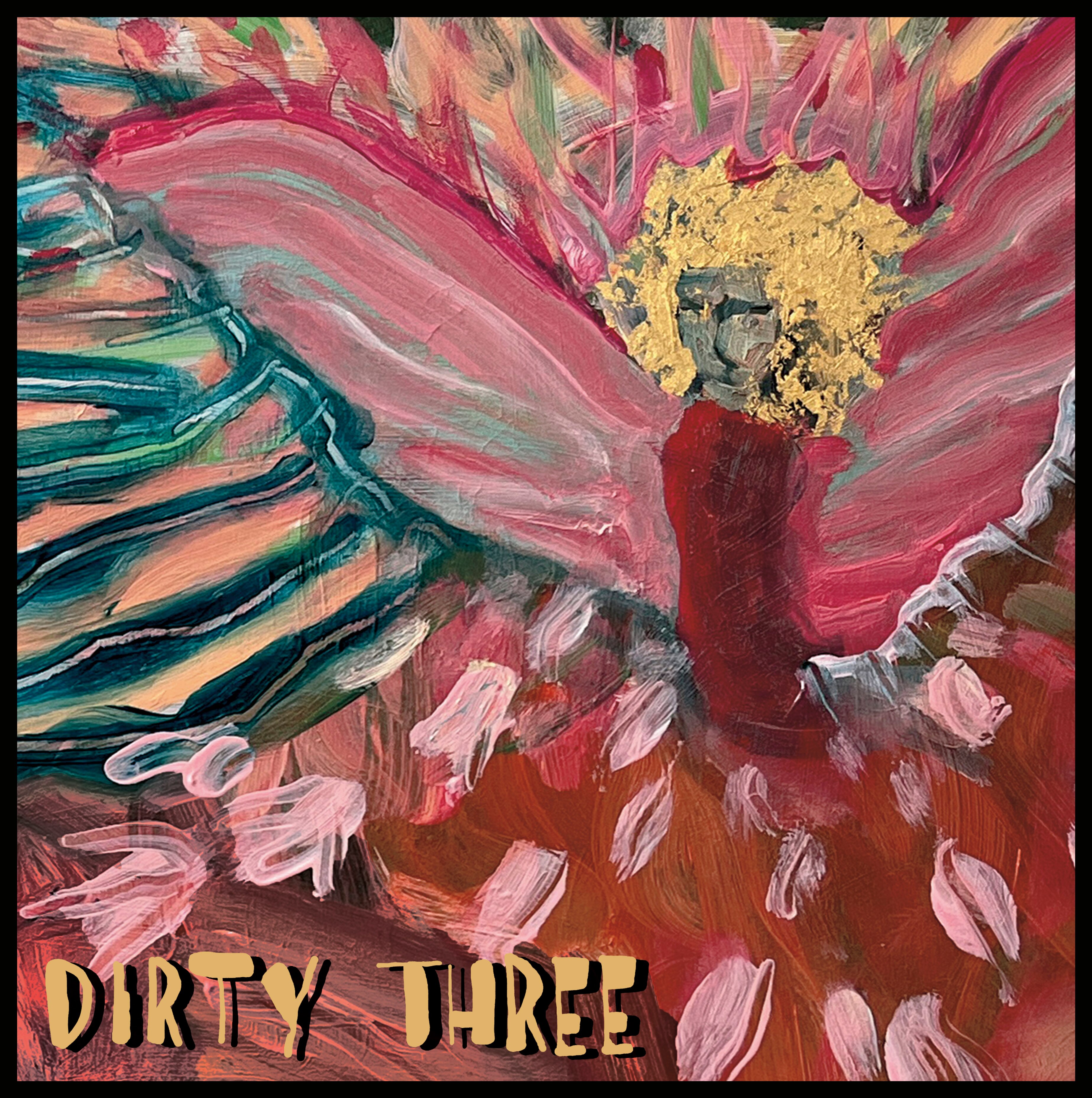 A Mick Turner painting in red and pink hues of a winged figure with a radiant yellow mane and text reading: Dirty Three