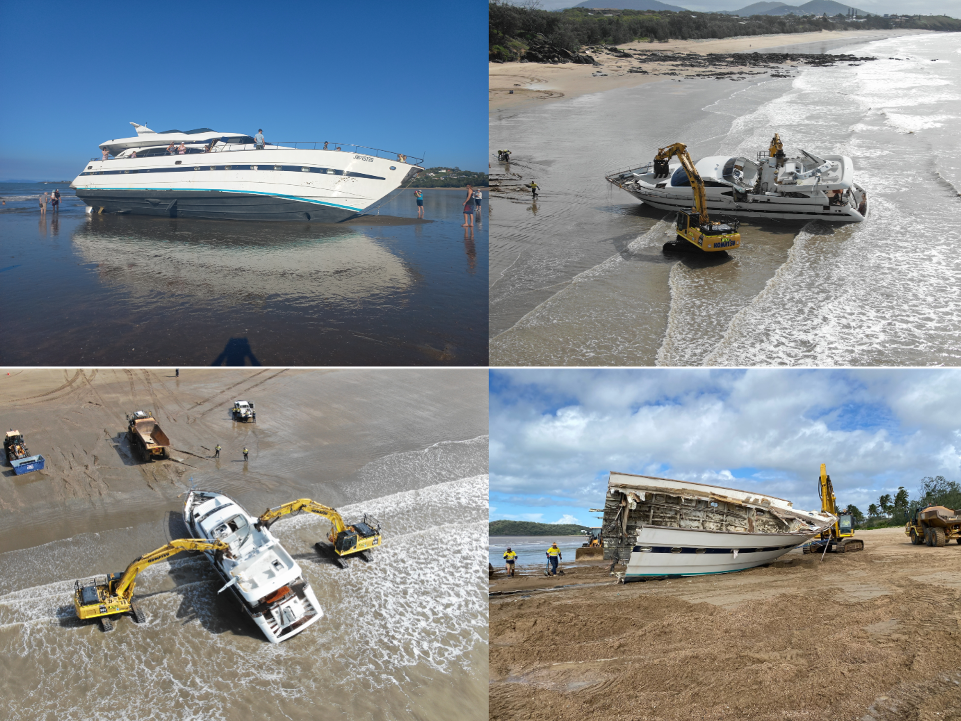Four images showing a luxury yacht in the stages of being dismantled.