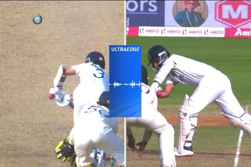 Two images showing a batsman playing forward and the ball hitting his glove, with a blue inset box titled ultraedge with a spike
