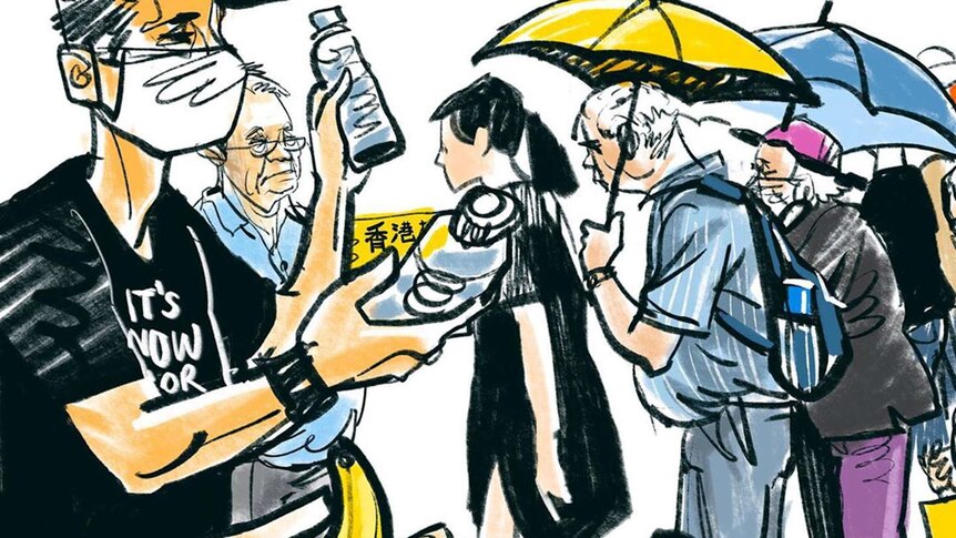A drawing of a man handing out water.