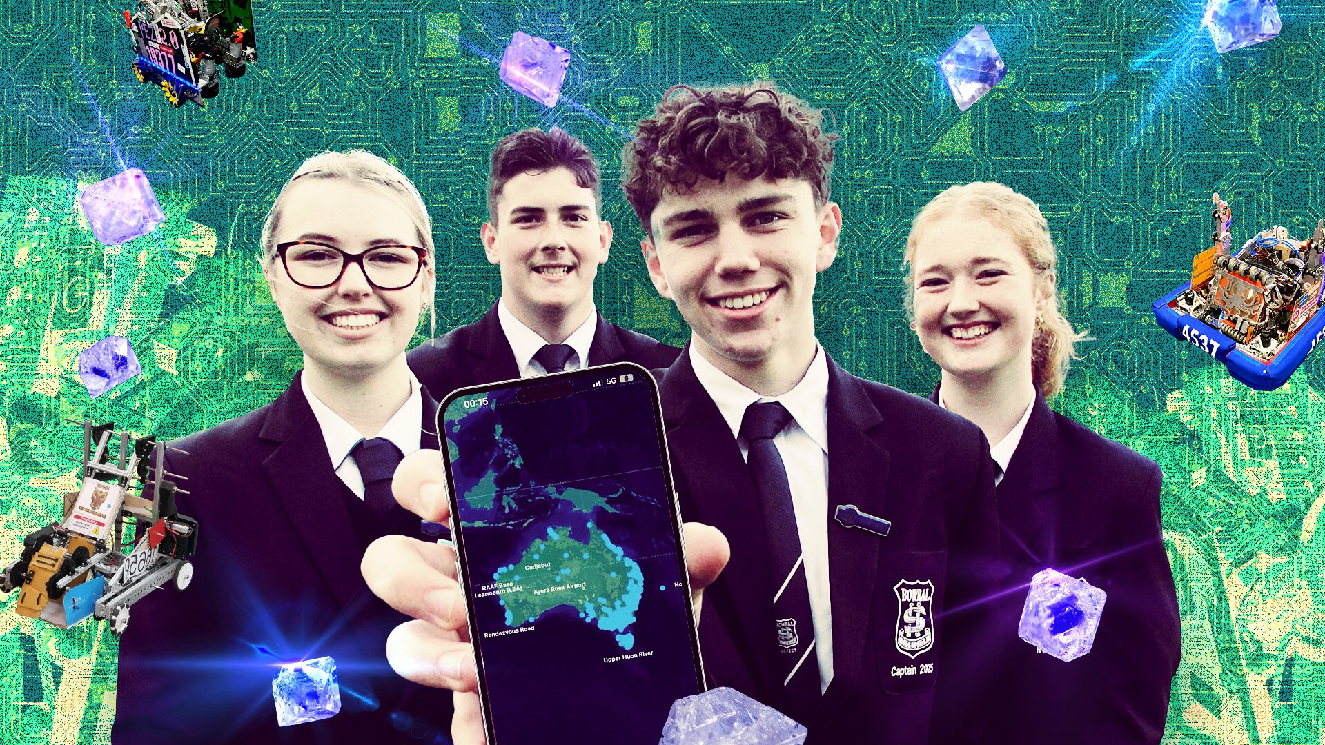 Four students in uniform show a smartphone with a map of Australia. Robots, crystals and a electronics themed background.