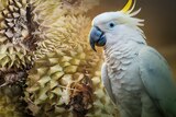 a composite image of a cockatoo and a durian.
