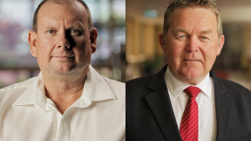 Composite image of two men. One is in a white, open neck shirt, the other in a black suit and red tie