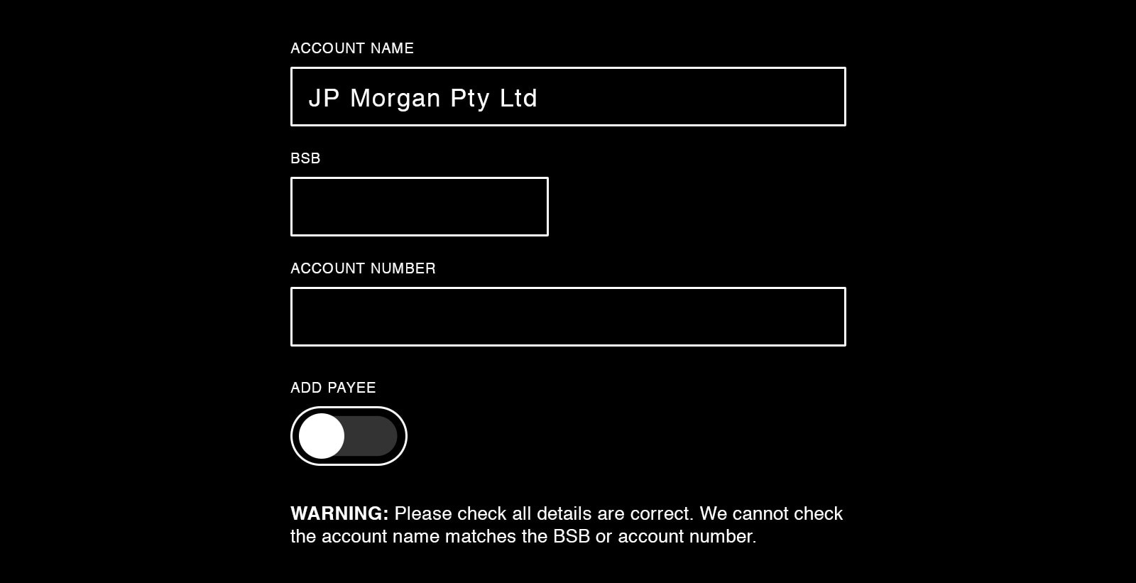 Website form for new payee including name, BSB and account number.