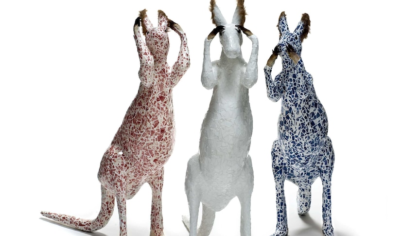 Three Kangaroo sculptures with mosaic designs. Posed as see no evil, hear no evil, speak no evil.