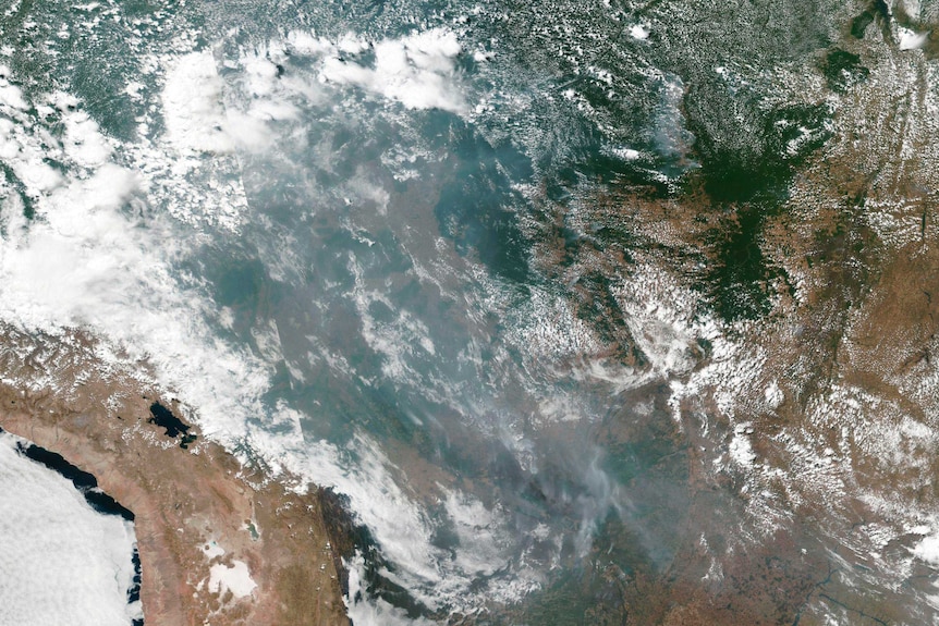 This satellite image shows smoke over Brazil.