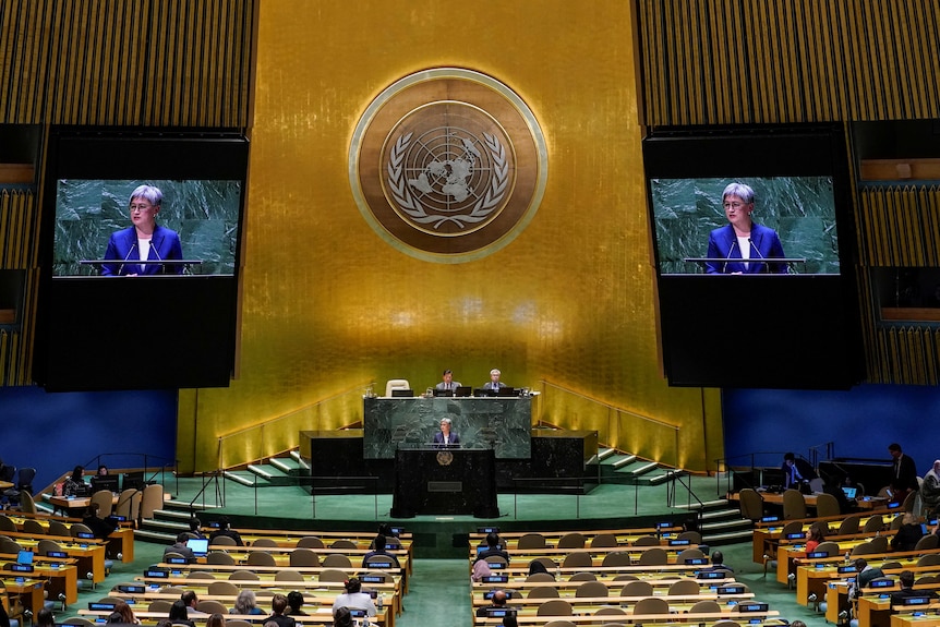 Penny Wong stands at a podium under a large UN logo. Her face is on two wall screens.