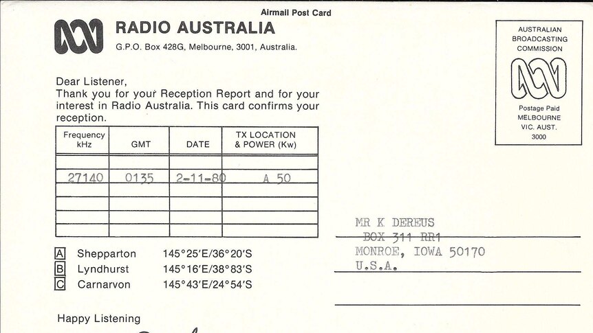 A QSL card showing shortwave reception from Radio Australia in 1980