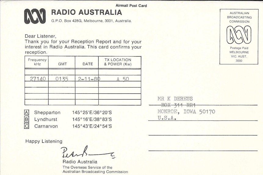 A QSL card showing shortwave reception from Radio Australia in 1980