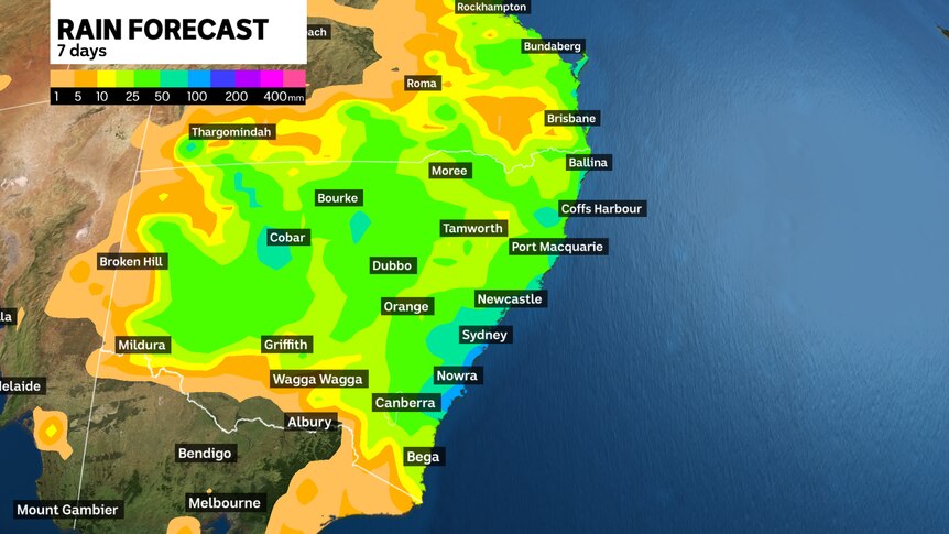 Weather map with highlighted sections showing the amount of rain expected to fall.