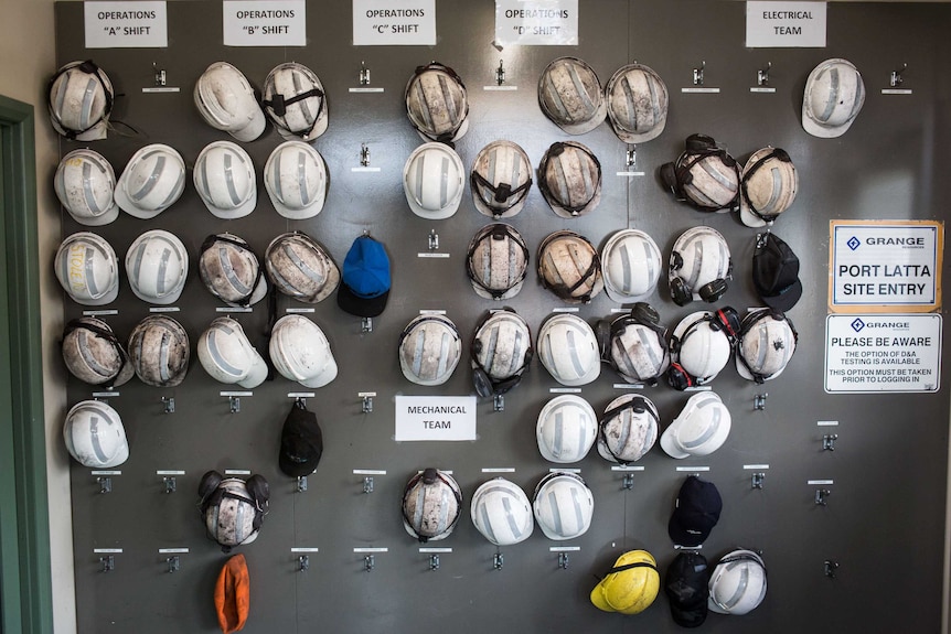 Hardhats on a wall at Port Latta  in north-west Tasmania.