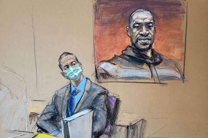 A court sketch of a face-masked middle aged white man in a suit with a picture of a black man behind.