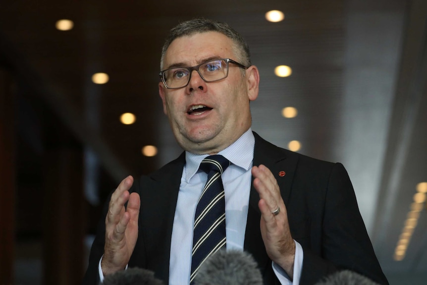 Murray Watt tenant une conférence de presse, gesticulant avec ses mains.  Il porte des lunettes.