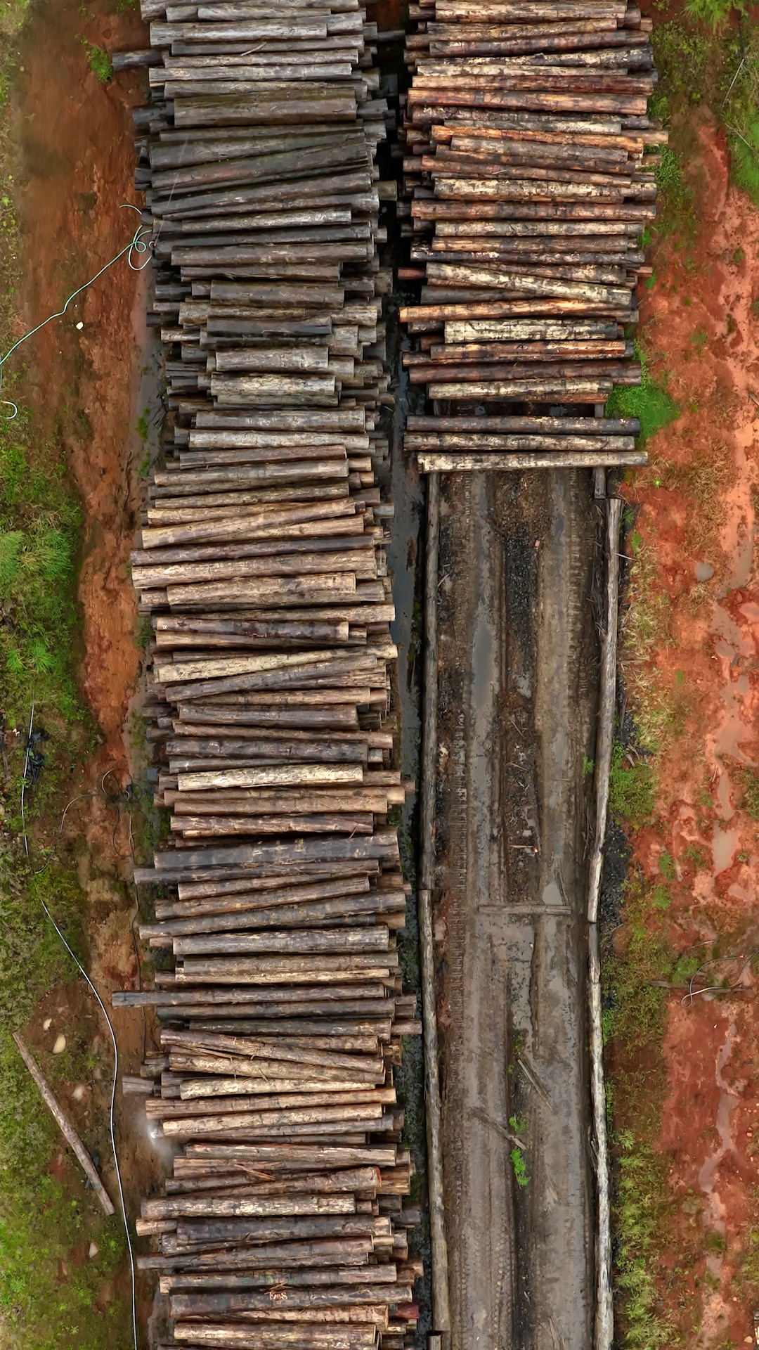 A birds-eye view picture of two rows of dozens of logs pilled up.