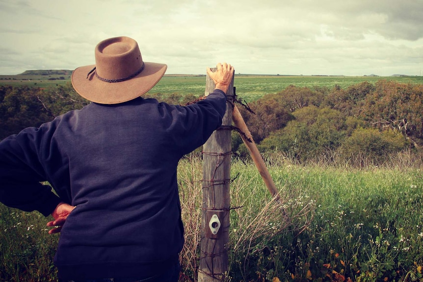 Farmer leans on a fence post.