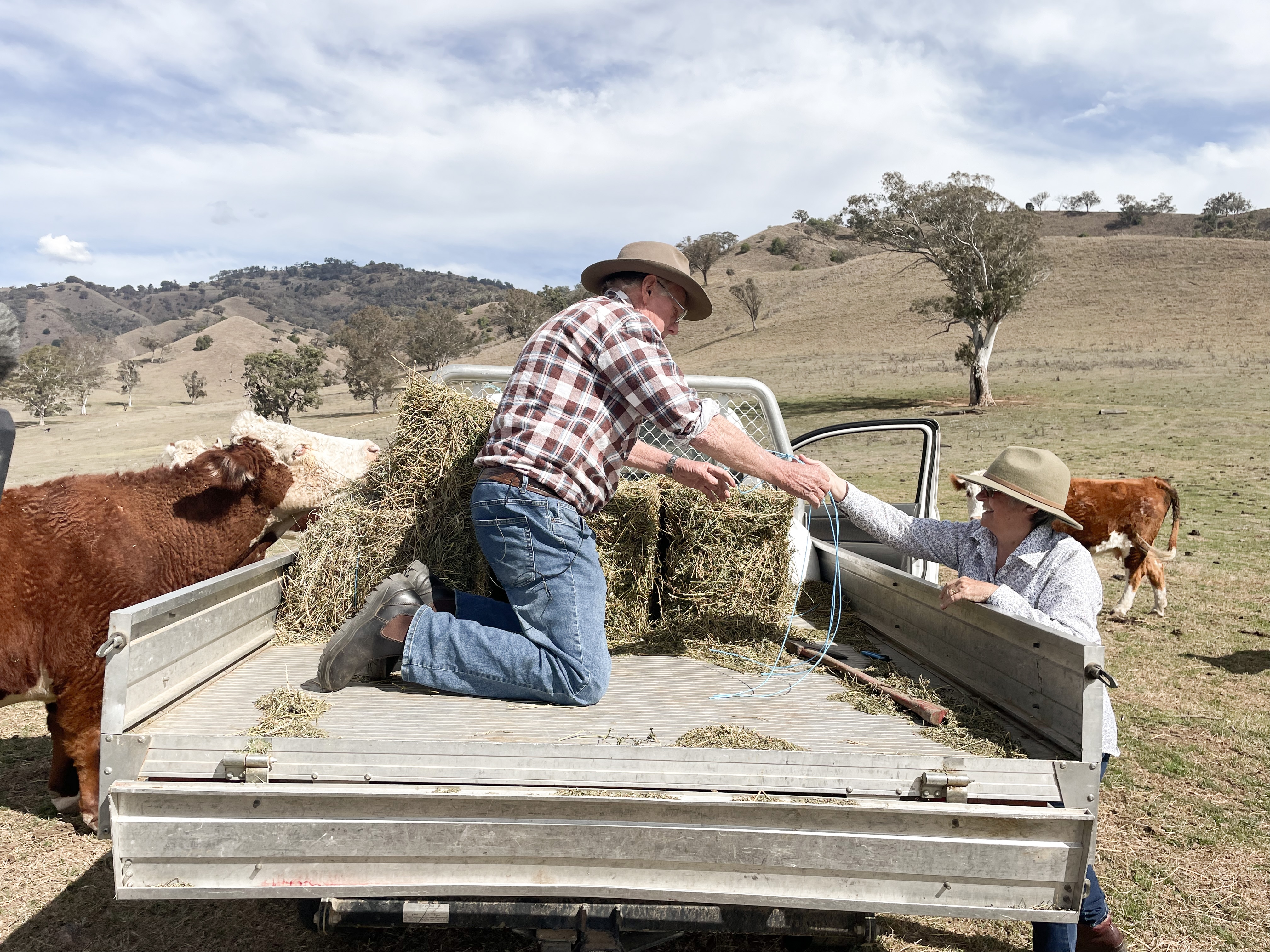 A man and woman unload bales of hay from a truck