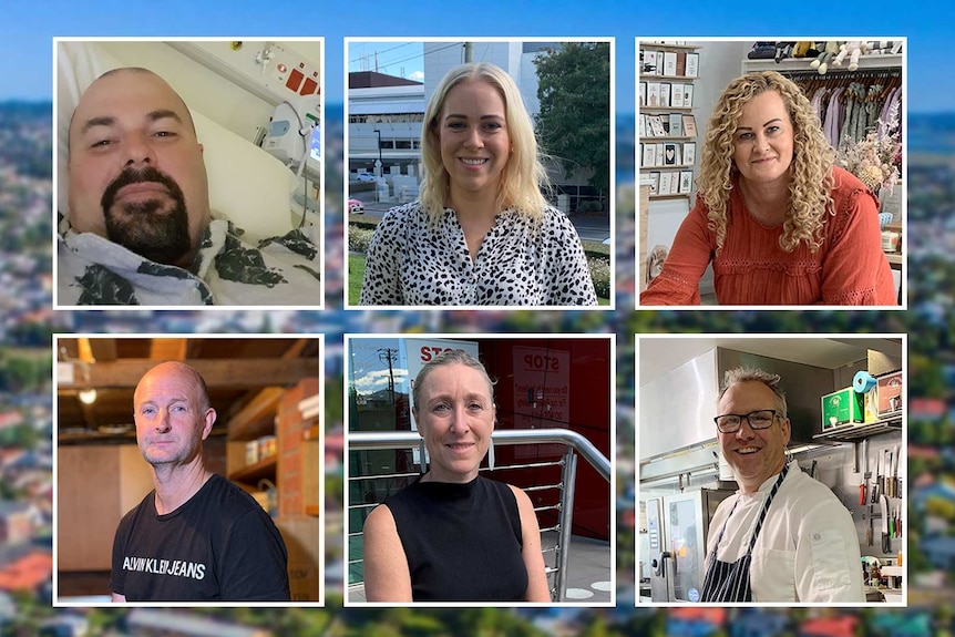 A graphic of six Tasmanians imposed over the Launceston skyline.