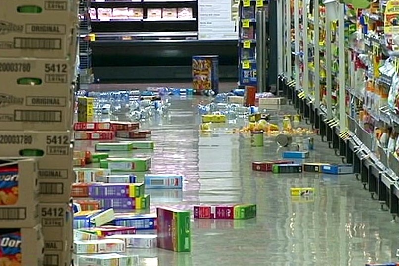 Stock in a supermarket in Moe lies on the floor after a 5.3 magnitude earthquake.