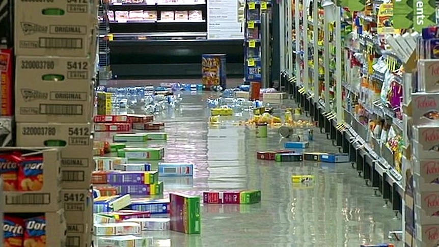 Stock in a supermarket in Moe lies on the floor after a 5.3 magnitude earthquake.