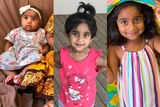 Three photos side by side of a young Tamil girl, showing her age from a baby, to a toddler, to a three-year-old.