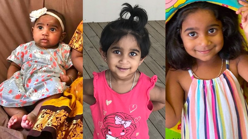 Three photos side by side of a young Tamil girl, showing her age from a baby, to a toddler, to a three-year-old.