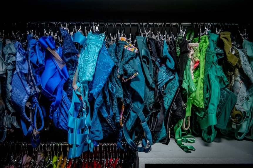 Blue and green lingerie hanging in wardrobe. 