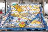 A box with DHL tape all over it covered in blue netting with the underside of an airplane in the background.
