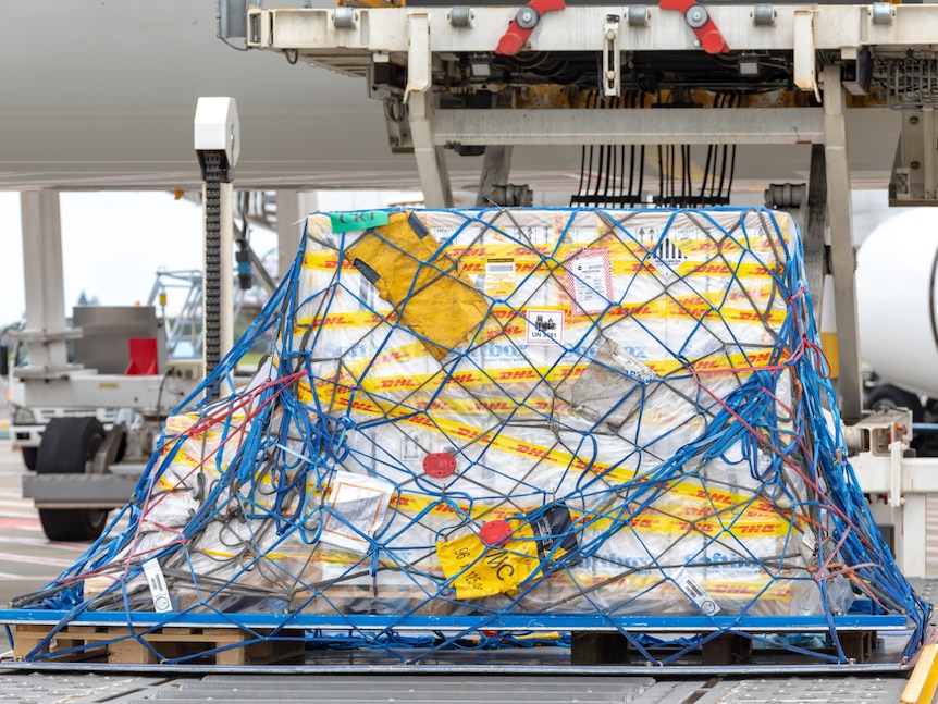 A box with DHL tape all over it covered in blue netting with the underside of an airplane in the background.