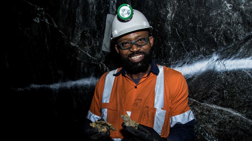A mine worker in high-vis clothing holding gold specimens in an underground gold mine.