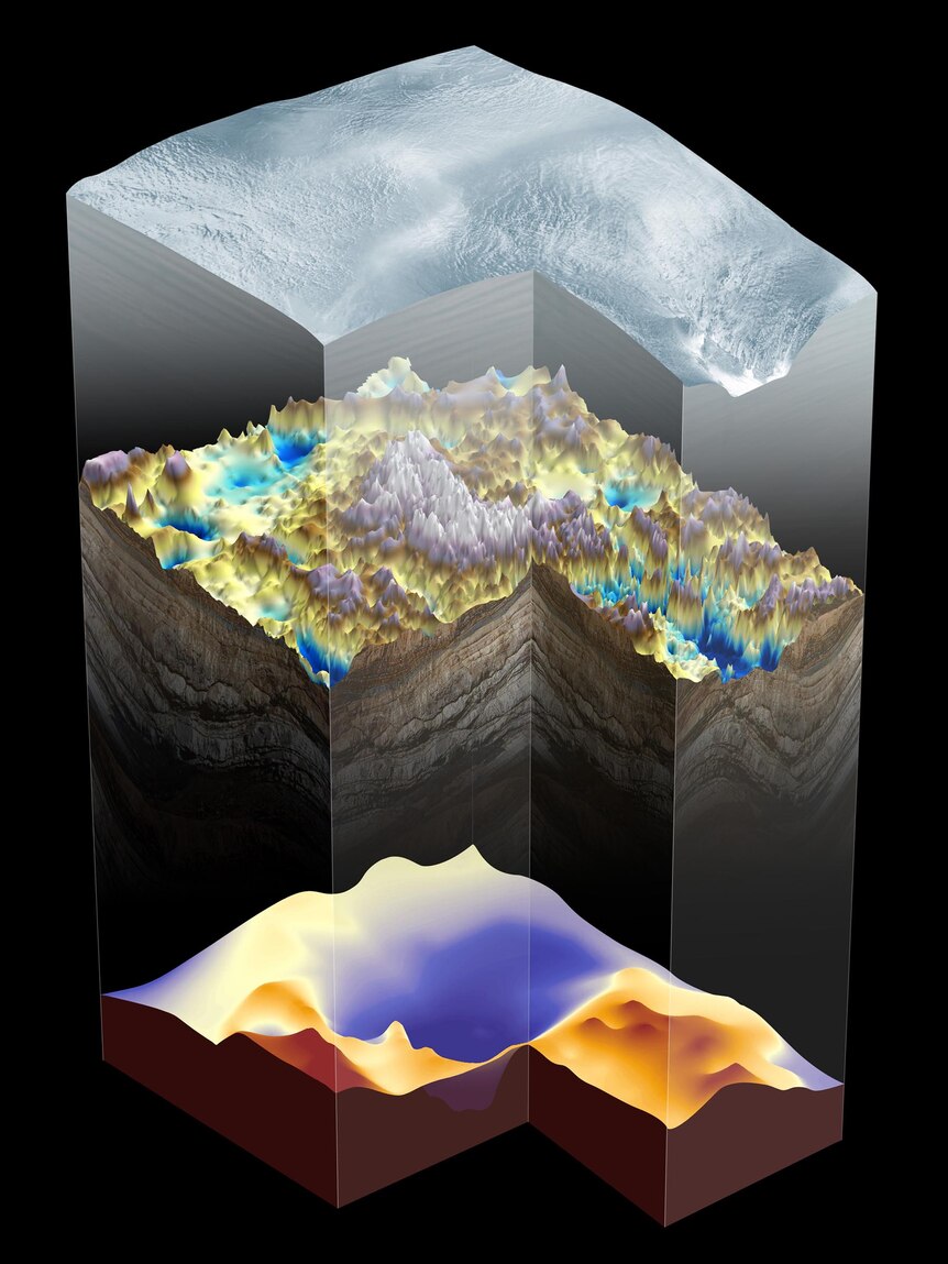 A three dimensional perspective of the Gamburtsev Subglacial Mountains in Antarctgica.