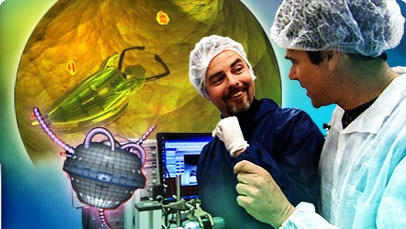 Collage of images from the video showing scientists in lab coats working on robotics.