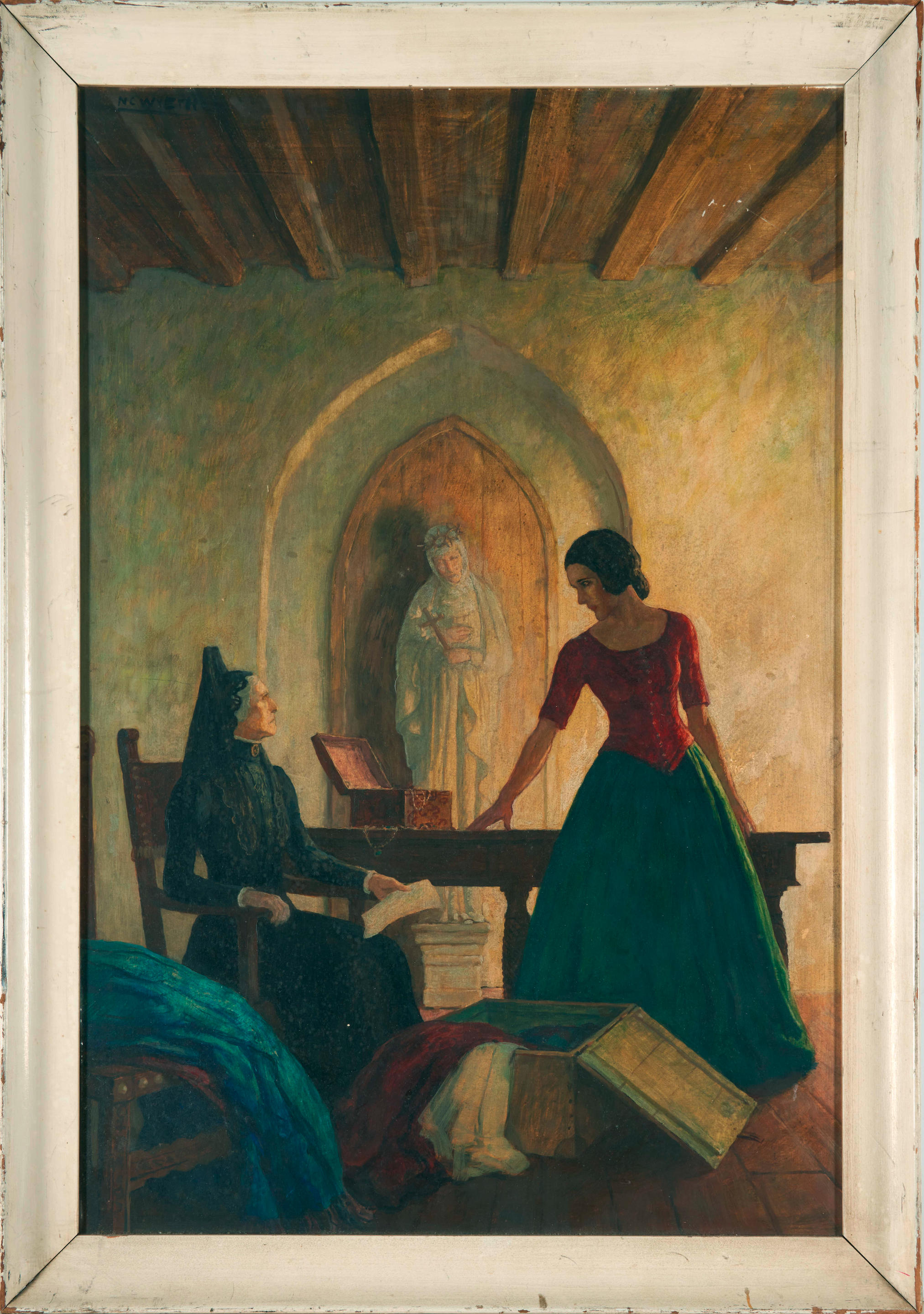 A painting of an old woman in a black dress sitting at a table, looking at a young woman in a red and green dress