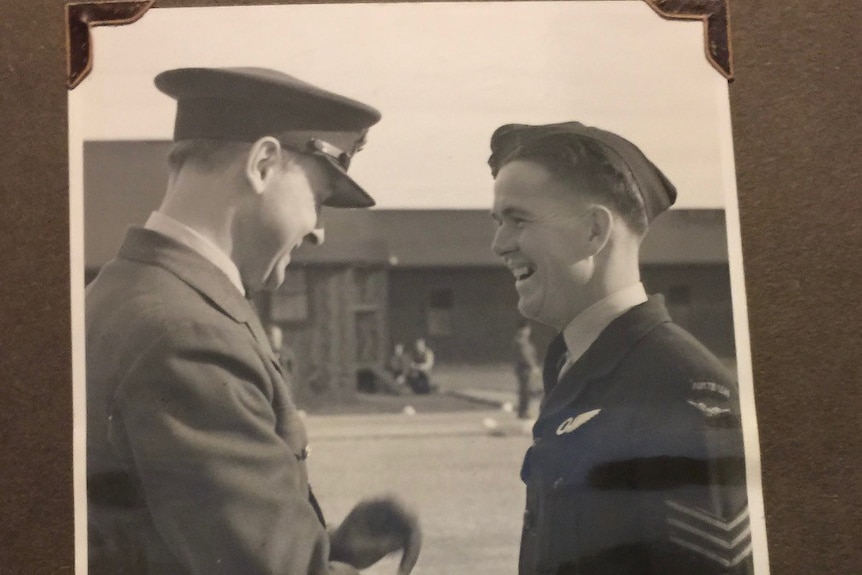 Brown, black and white white profile photos of a young smiling man wearing a suit and peaked hat